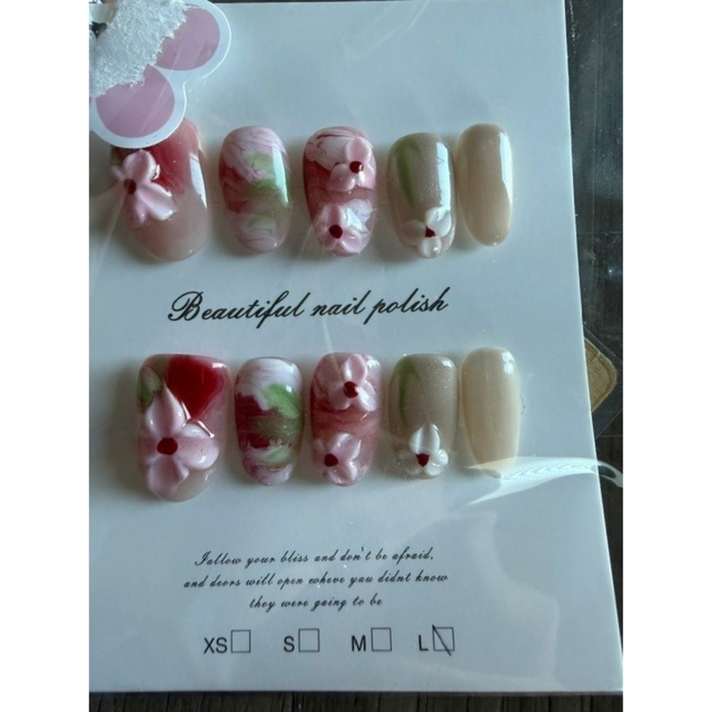 Handmade 3D Floral Press On Nails Marble Pink Green Flower Design Size L 10pc